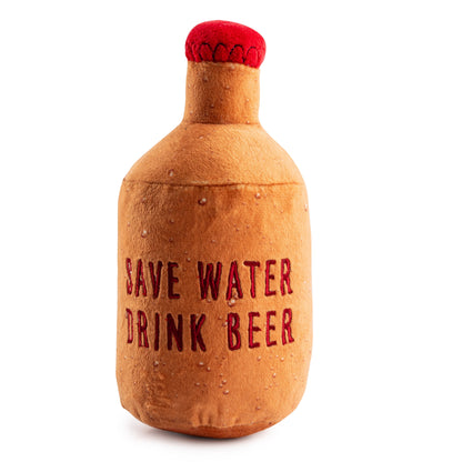 Woofs Beer Bottle | Squeaky Plush Dog Toy with Crinkle & Mesh Lining