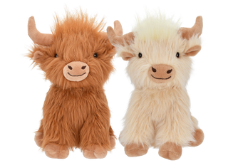 A shaggy plush Highland Cow dog toy with horns
