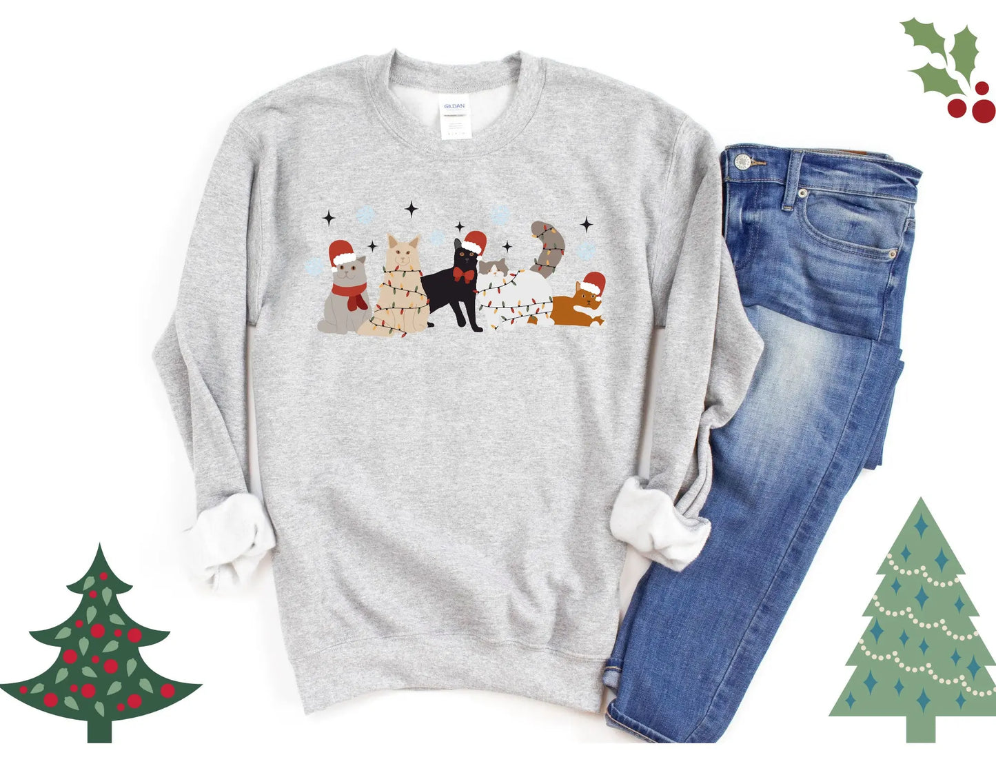 Holiday Merry Christmas Cats Crewneck Sweatshirt Hunter K9