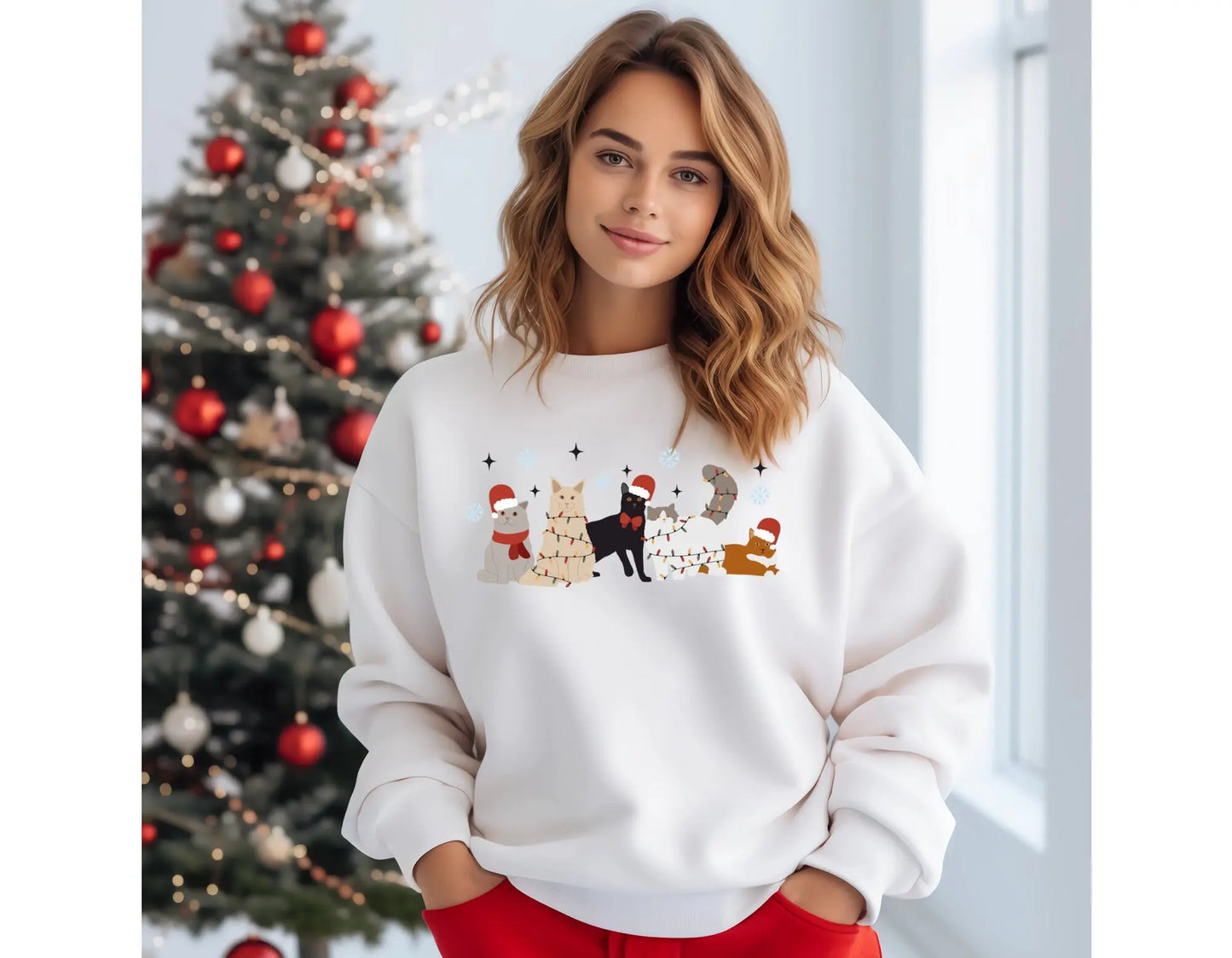 Holiday Merry Christmas Cats Crewneck Sweatshirt Hunter K9