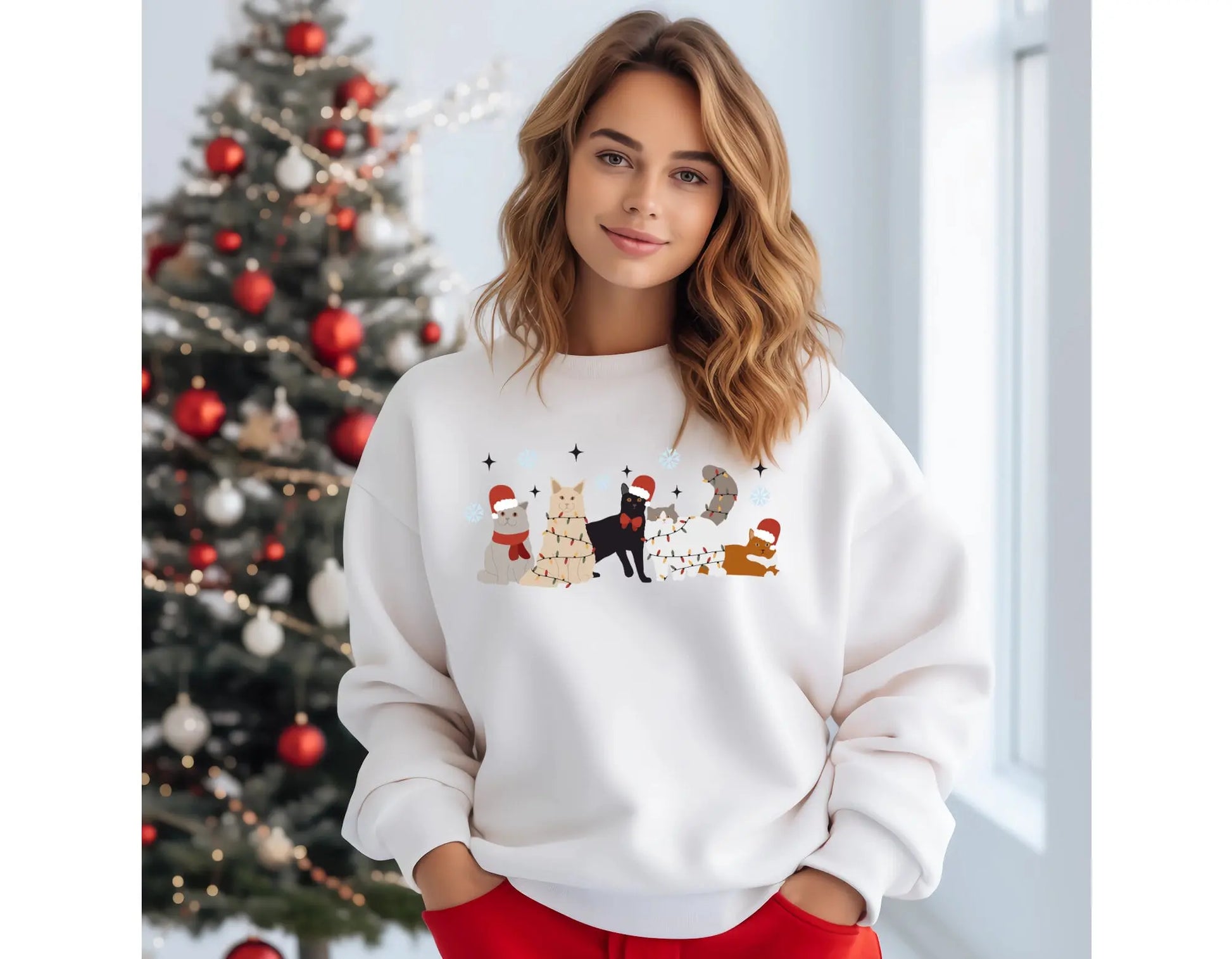 Holiday Merry Christmas Cats Crewneck Sweatshirt Hunter K9