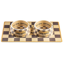 Tan Checker Chewy Vuiton Bowls & Mat