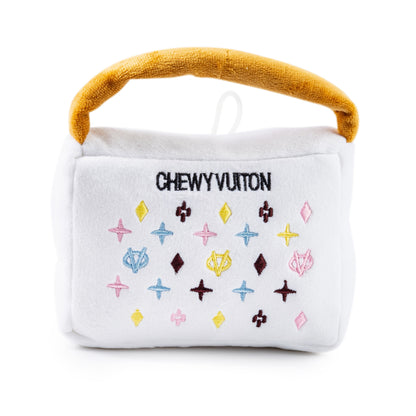 White Chewy Vuiton Handbag | Squeaky Plush Dog Toy with Crinkle & Mesh Lining
