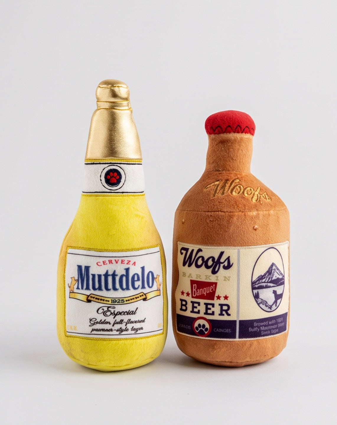 Woofs Beer Bottle | Squeaky Plush Dog Toy with Crinkle & Mesh Lining