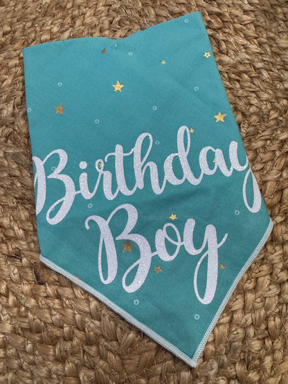 Birthday Boy Dog Bandana Teal with White Vinyl