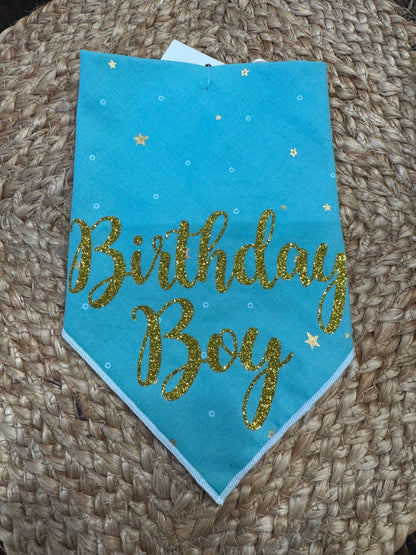 Birthday Boy Dog Bandana Teal with Gold Vinyl Large