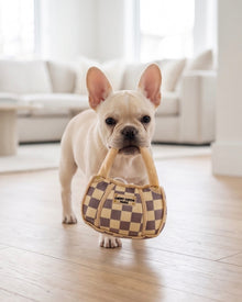 Tan Checker Chewy Vuiton Handbag | Squeaky Plush Dog Toy with Crinkle & Mesh Lining