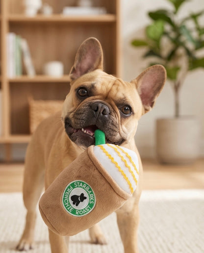Starbarks Frenchie Roast Plush Toy with straw