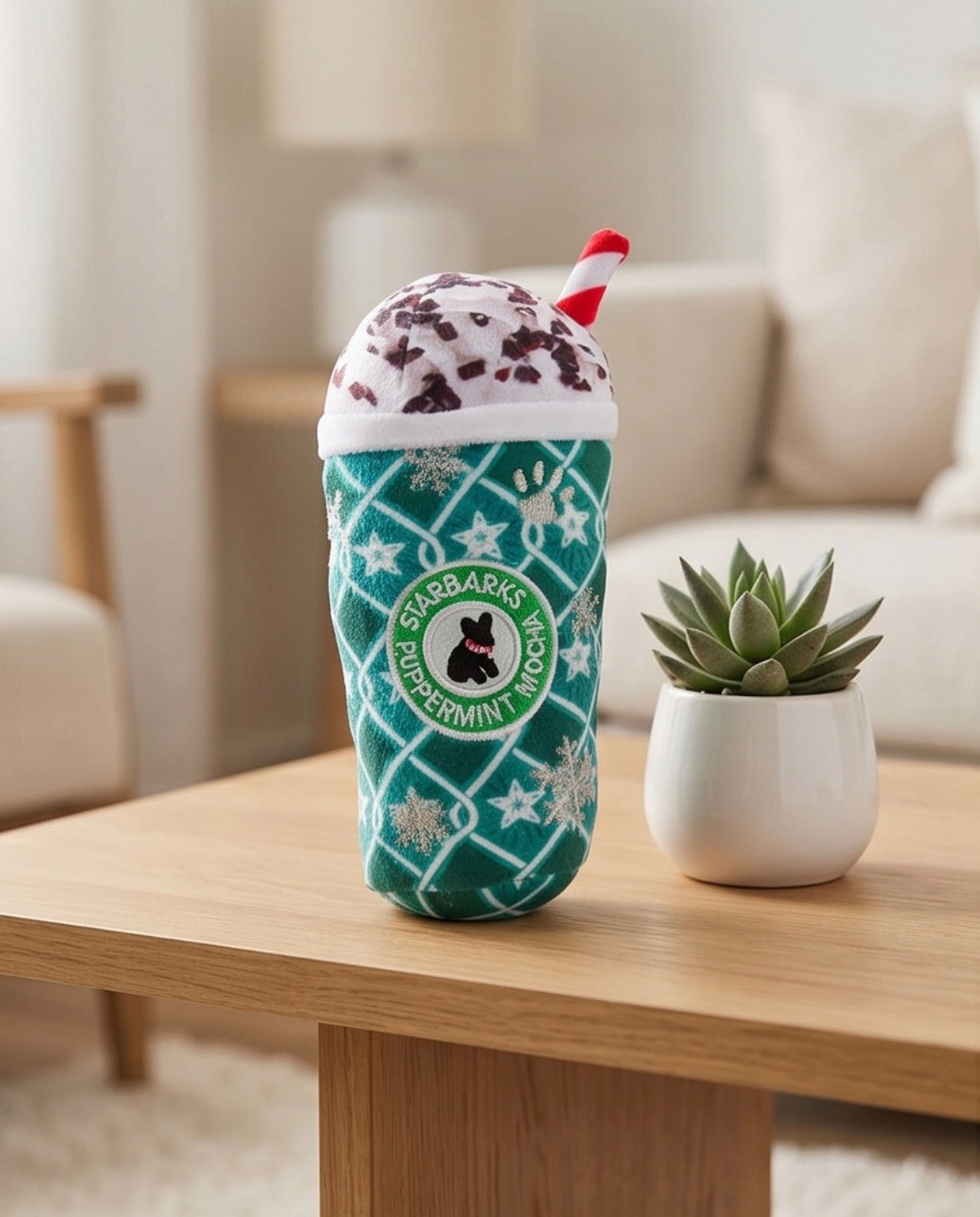 Starbarks Puppermint Mocha - Green Stars Cup Christmas Plush Dog Toy Holidays