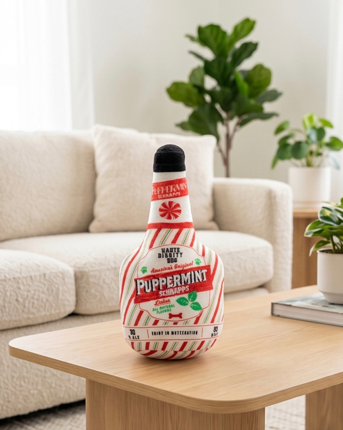 Puppermint Schnapps Bottle Holiday Christmas Plush Dog Toy
