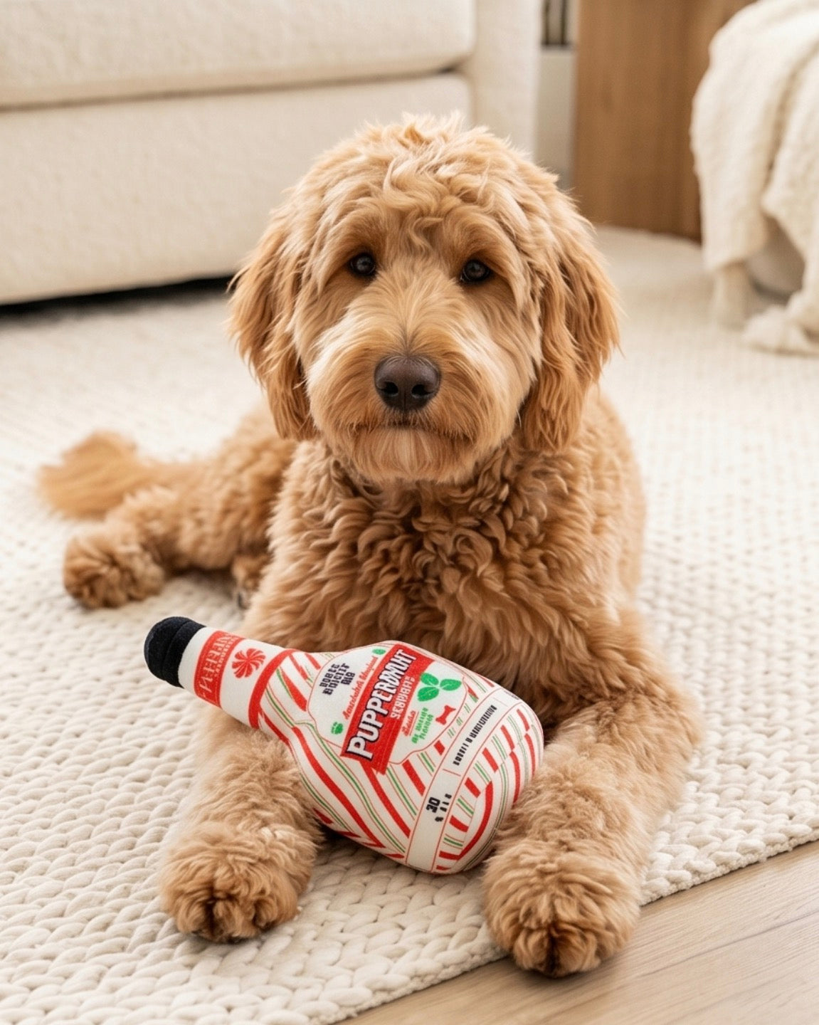 Puppermint Schnapps Bottle Holiday Christmas Plush Dog Toy