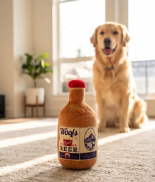 Woofs Beer Bottle | Squeaky Plush Dog Toy with Crinkle & Mesh Lining