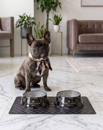 Black Checker Chewy Vuiton Bowls & Placemat Bundle
