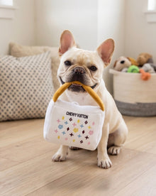 White Chewy Vuiton Handbag | Squeaky Plush Dog Toy with Crinkle & Mesh Lining
