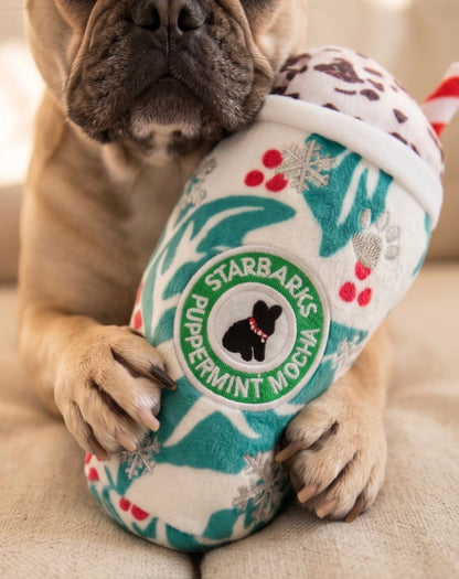 Starbarks Puppermint Mocha - Holly Print Cup Christmas Plush Dog Toy Holiday