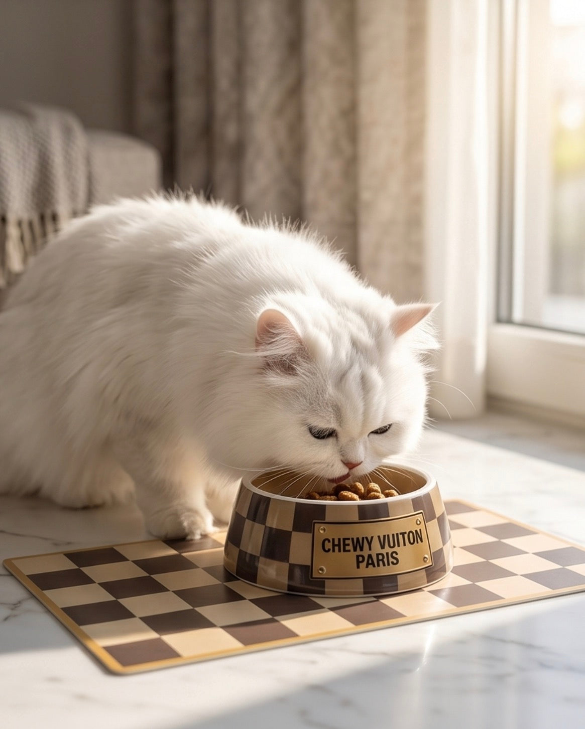 Tan Checker Chewy Vuiton Bowls & Mat