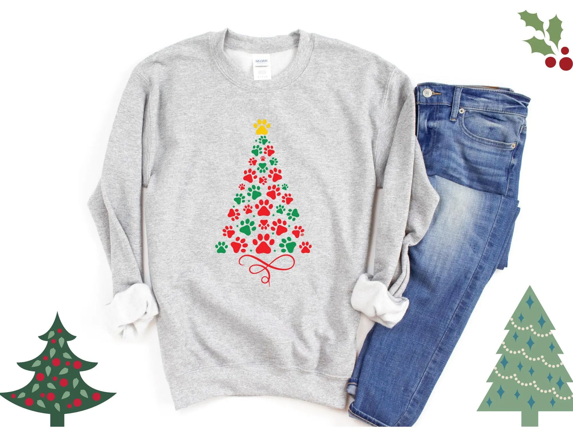 Paw Tree Colorful Holiday Dog Lover Crewneck Sweatshirt - Bark & Beyond