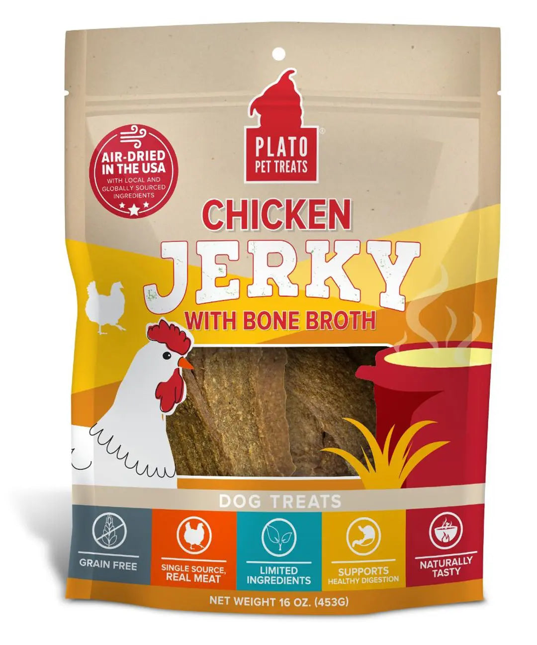 Plato Dog Jerky Chicken With Bone Broth 16oz. Plato Pet Treats