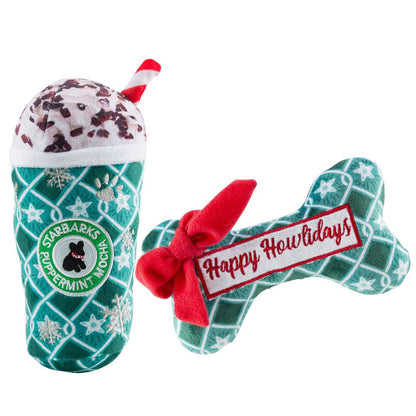 Starbarks Puppermint Mocha Green Stars Cup & Bone | Christmas Dog Toys