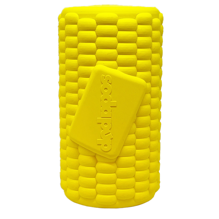 Durable rubber corn-shaped dog toy with treat dispenser by SodaPup, USA-made, designed for chewing and interactive play.