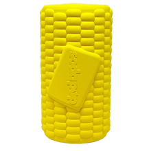 Durable rubber corn-shaped dog toy with treat dispenser by SodaPup, USA-made, designed for chewing and interactive play.