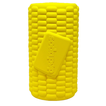 Durable rubber corn-shaped dog toy with treat dispenser by SodaPup, USA-made, designed for chewing and interactive play.