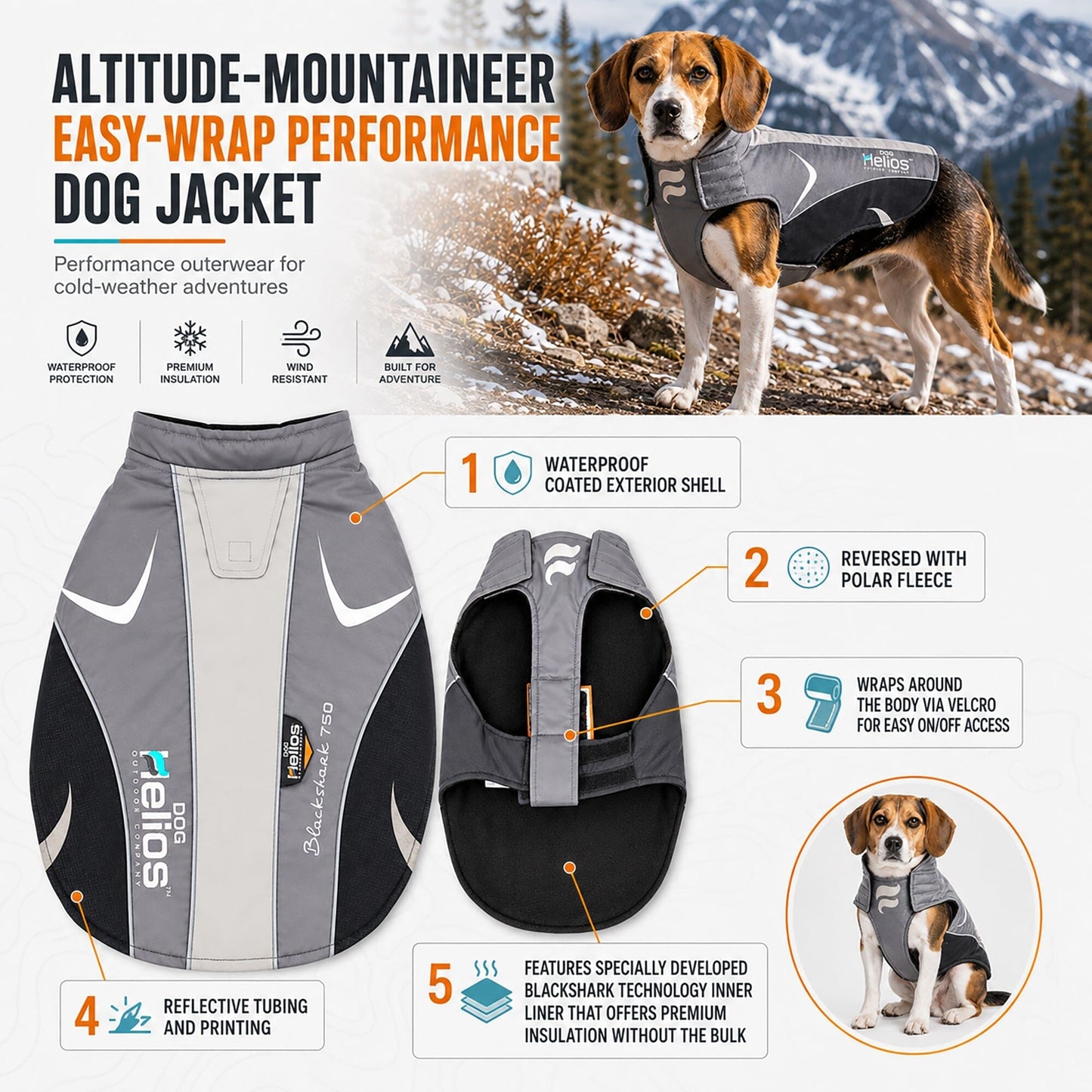 Dog Helios ® Altitude-Mountaineer Wrap-Hook-and-Loop Waterproof Dog Coat