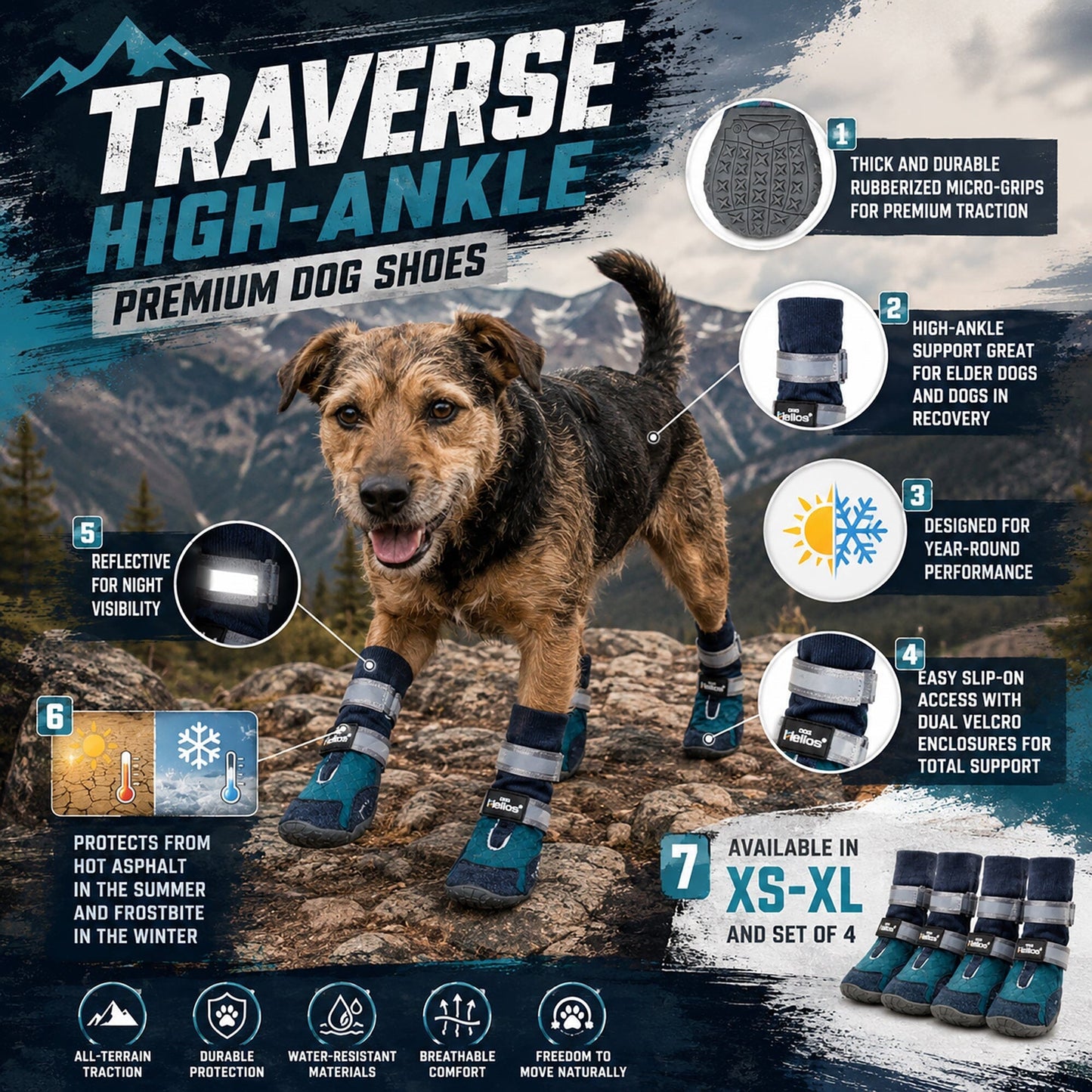 Dog Helios 'Traverse' Premium Grip High-Ankle Outdoor Dog Boots - Set Of 4