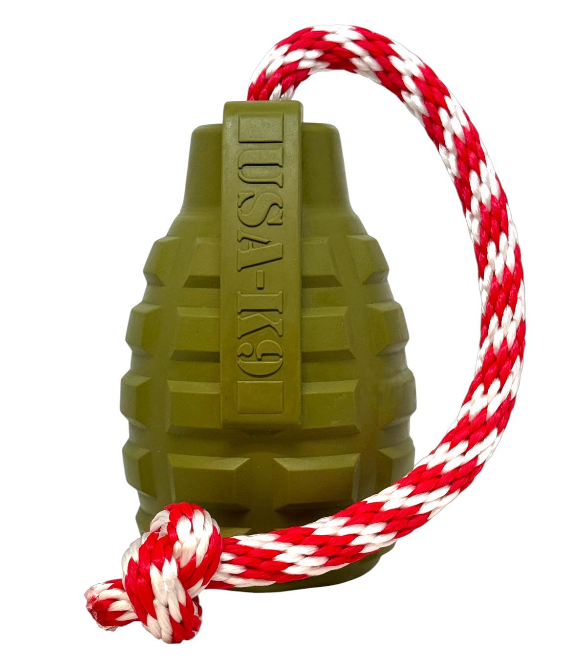 USA-K9 Grenade Shaped Rubber Dog Toy - Chew, Treat Dispenser & Tug Toy | USA - Army Green