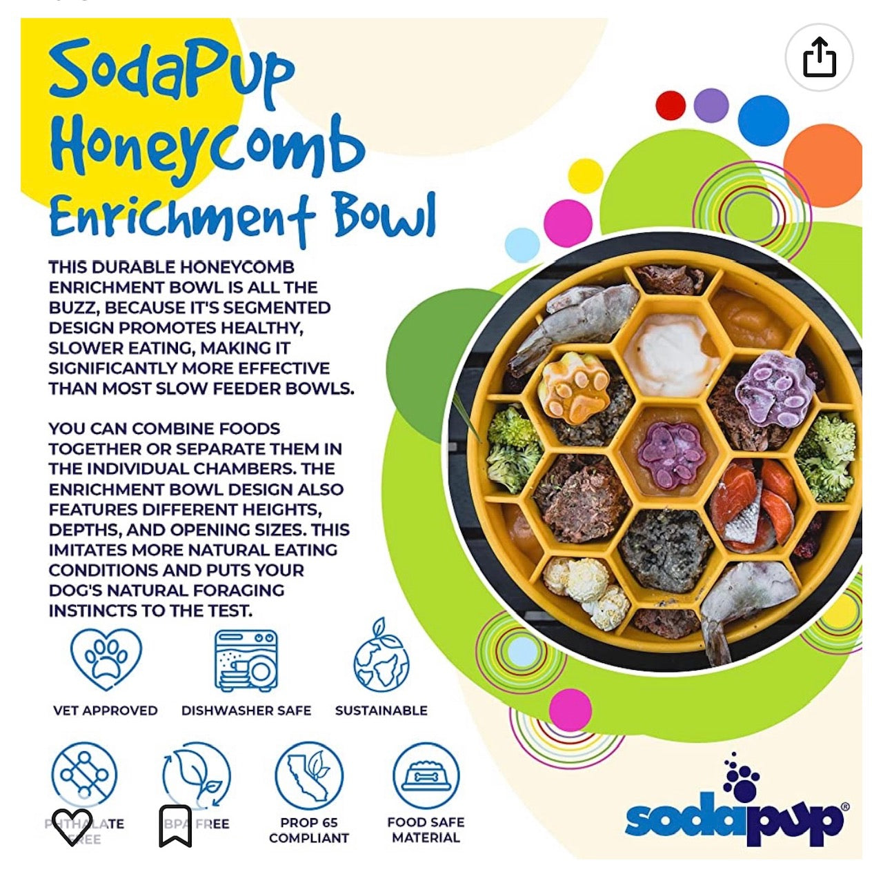 SodaPup Honeycomb eBowl deep slow feeder dog bowl with honeycomb pattern for enrichment, made in the USA.