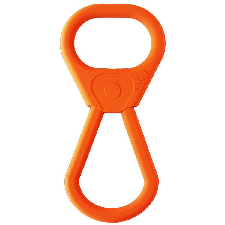 Orange rubber tug toy for dogs by SodaPup, designed for heavy chewers and interactive play, USA made durable rubber dog toy.