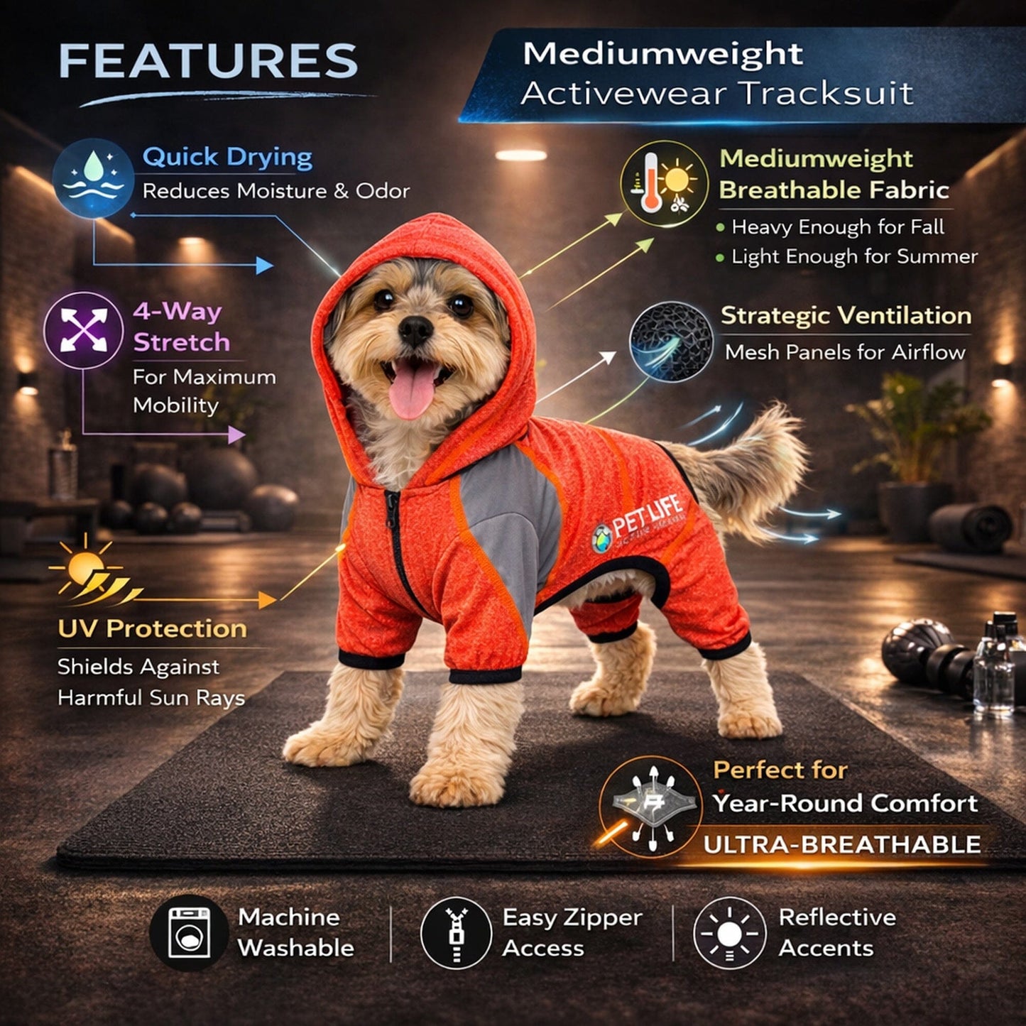 Pet Life ®  Active 'Fur-Breeze' Medium-weight 4-Way-Stretch Full Body Hooded Dog Yoga sweater