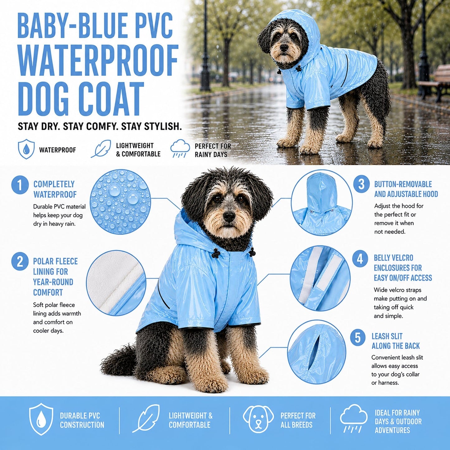 Pet Life ® 'Baby Blue' Waterproof Adjustable Dog Raincoat Jacket w/ Removable Hood