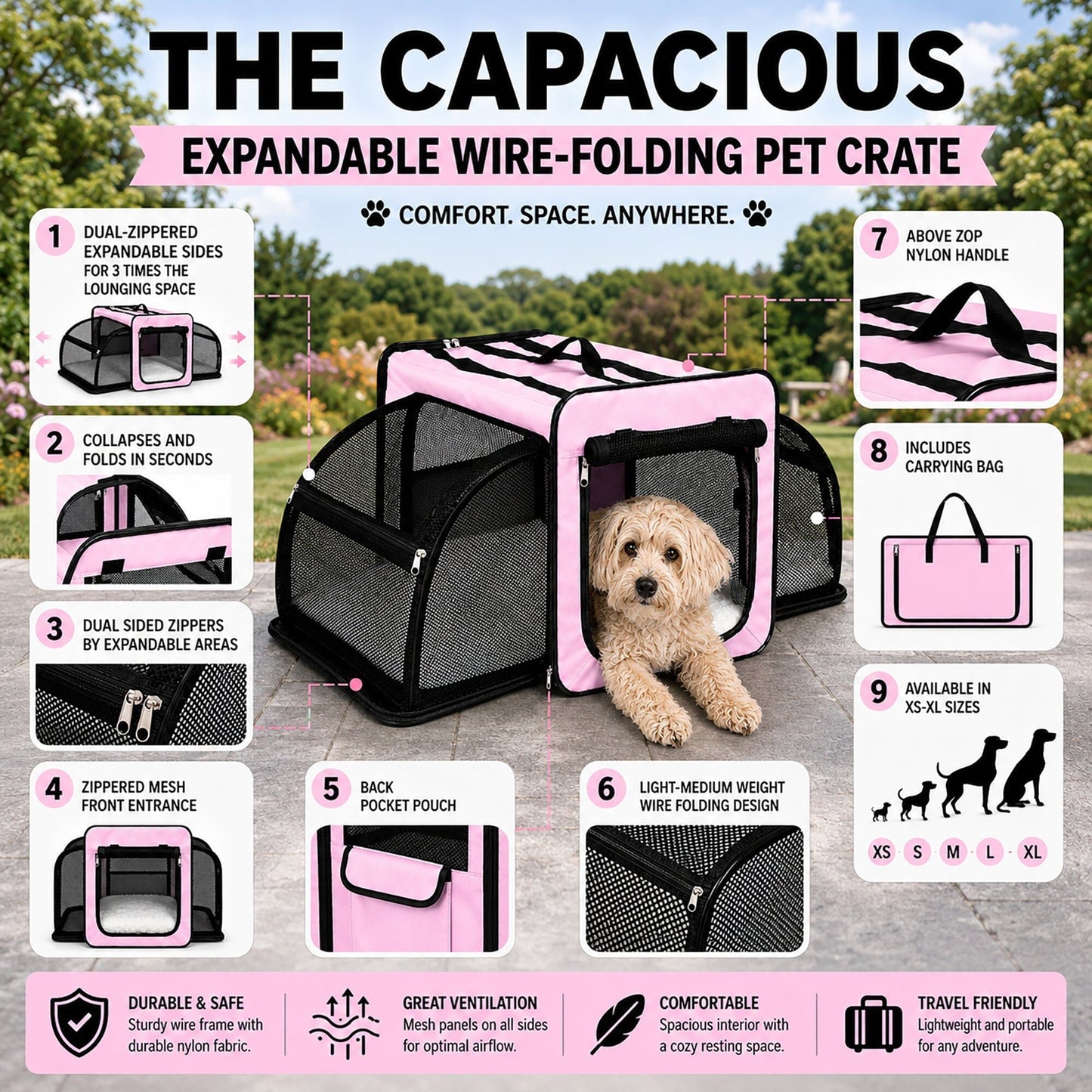 Pet Life ® 'Capacious' Dual-Sided Expandable Spacious Wire Folding Collapsible Lightweight Pet Dog Crate Carrier House