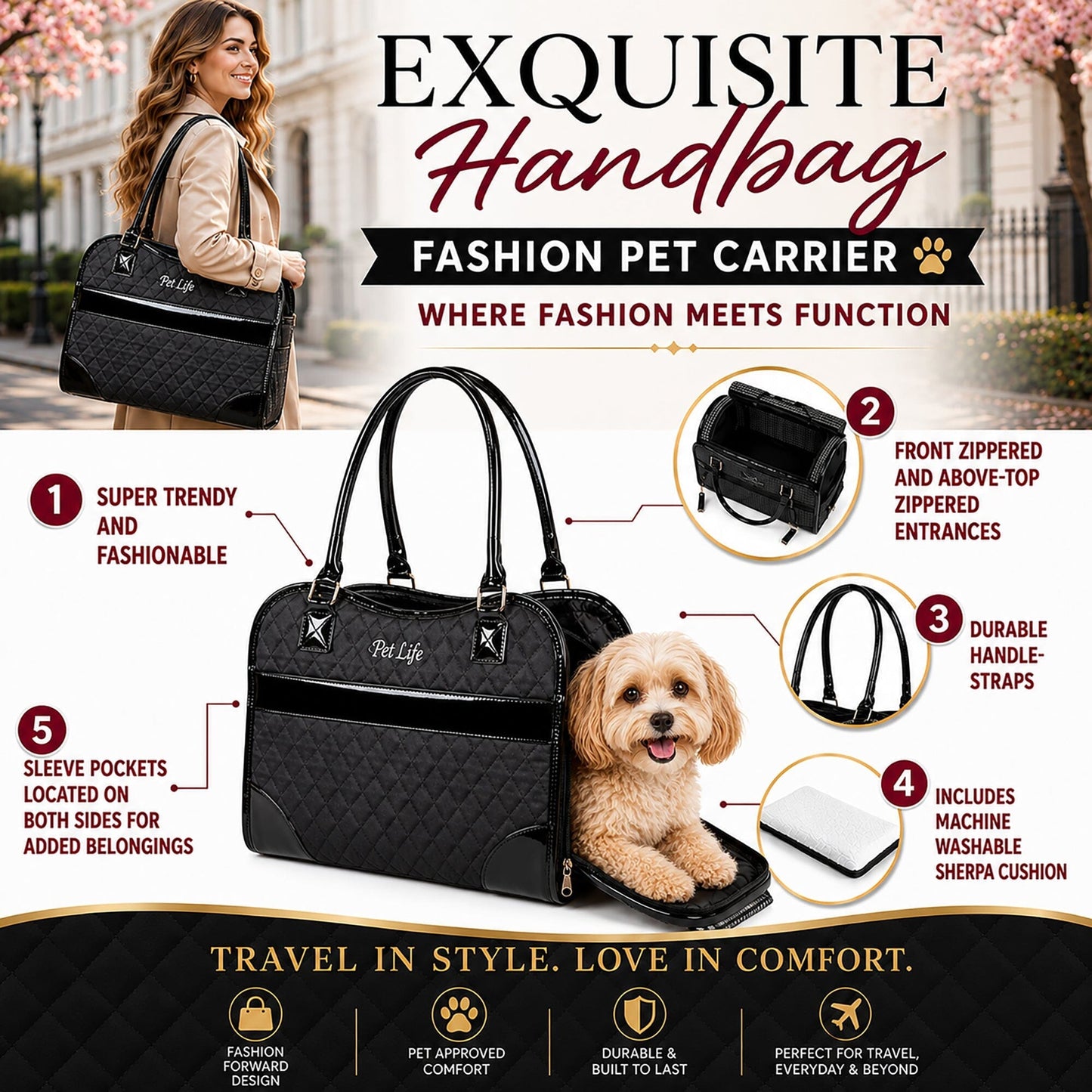 Pet Life ® Exquisite Airline Approved Designer Travel Pet Dog Handbag Carrier