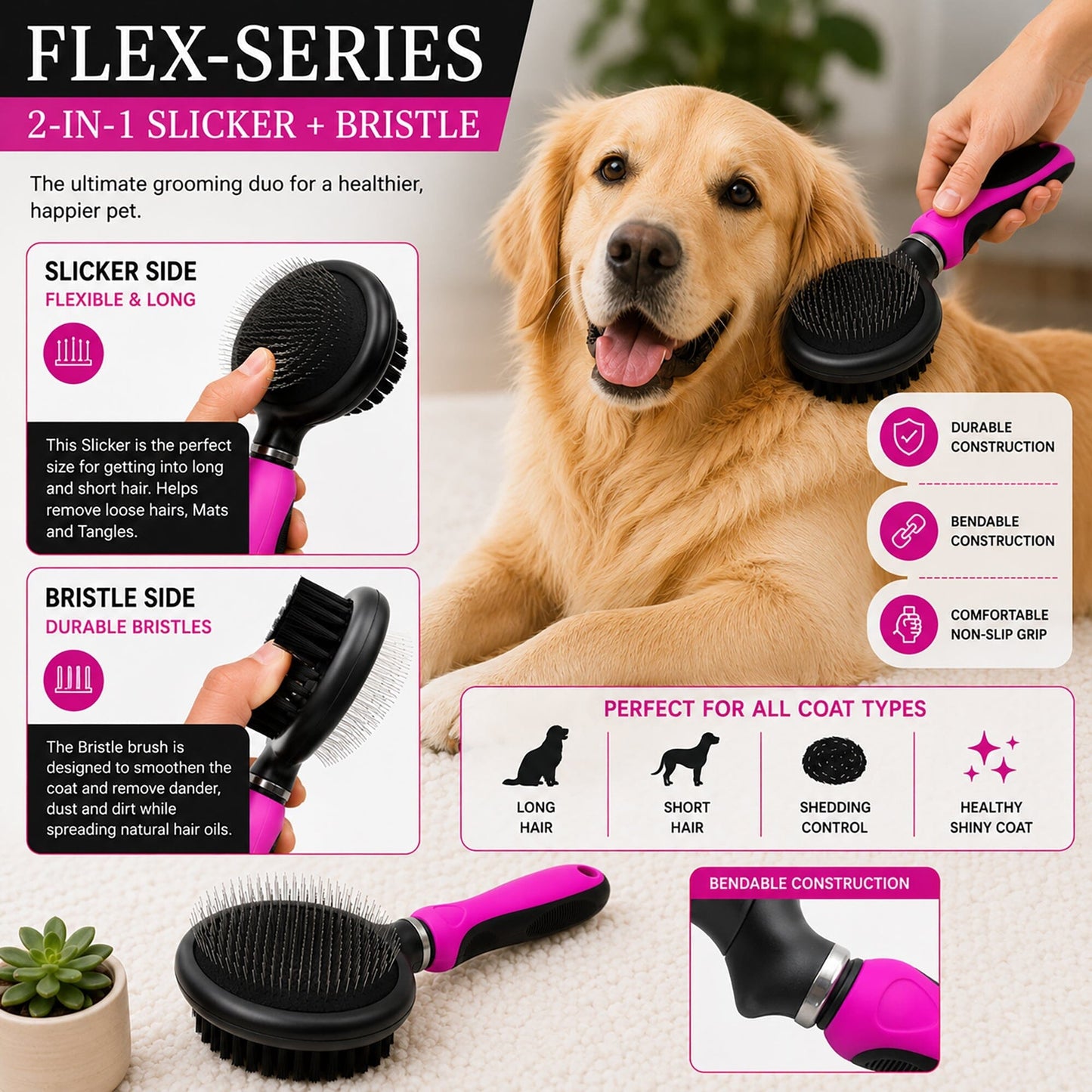 Pet Life ® Flex Series 2-in-1 Dual-Sided Slicker and Bristle Grooming Pet Brush