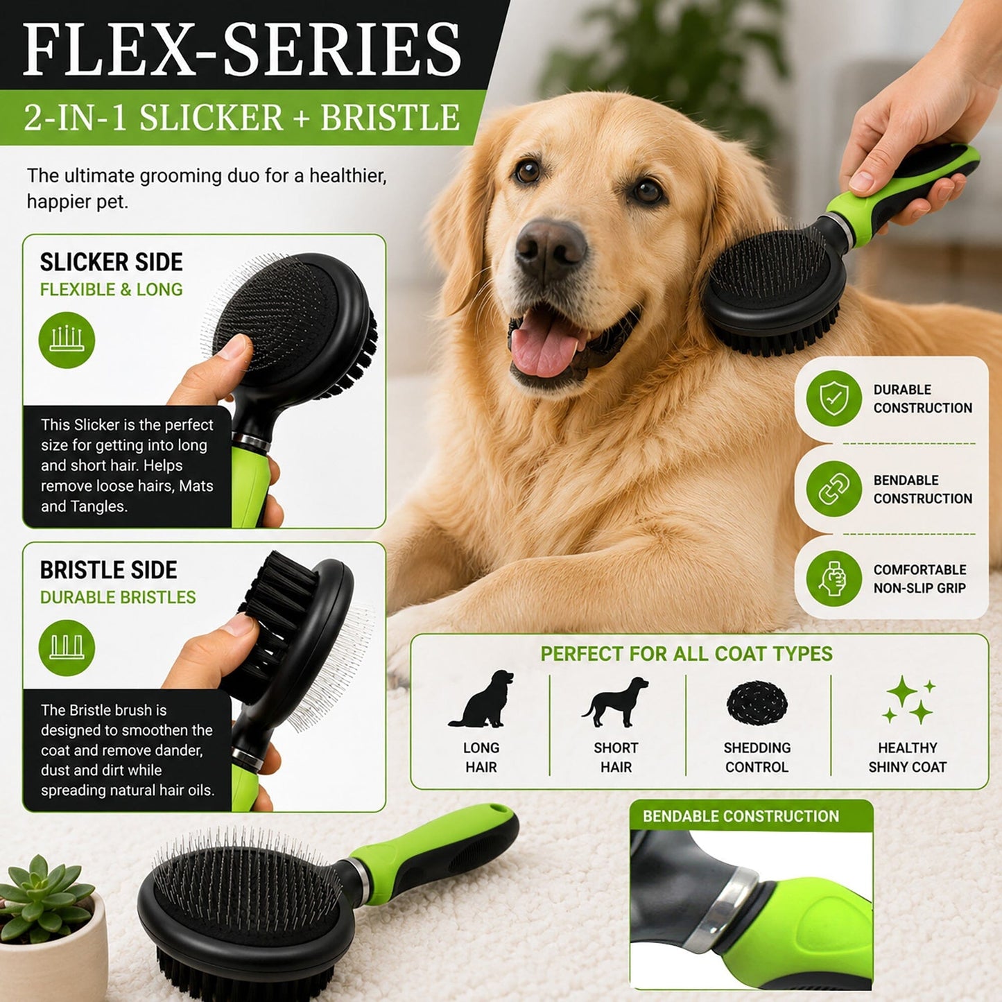 Pet Life ® Flex Series 2-in-1 Dual-Sided Slicker and Bristle Grooming Pet Brush