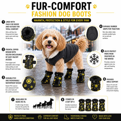 Pet Life ® Fur-Comfort 3M Insulated Fashion Fur and PVC Waterproof Winter Dog Boots - Set of 4