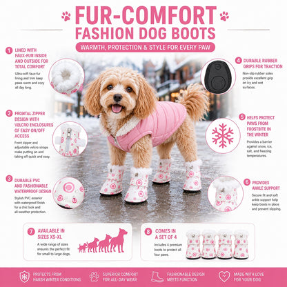 Pet Life ® Fur-Comfort 3M Insulated Fashion Fur and PVC Waterproof Winter Dog Boots - Set of 4