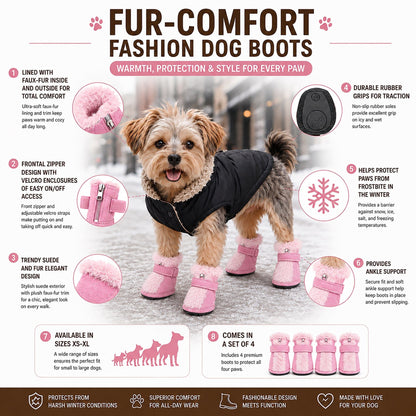 Pet Life ® Fur-Comfort 3M Insulated Fashion Fur and Suede Winter Dog Shoes Boots - Set of 4