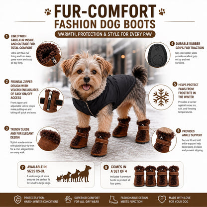 Pet Life ® Fur-Comfort 3M Insulated Fashion Fur and Suede Winter Dog Shoes Boots - Set of 4