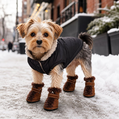 Pet Life ® Fur-Comfort 3M Insulated Fashion Fur and Suede Winter Dog Shoes Boots - Set of 4