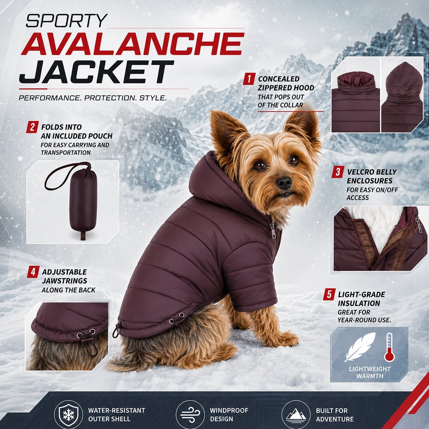 Pet Life ® Lightweight Adjustable and Collapsible 'Sporty Avalanche' Dog Coat w/ Pop-out Zippered Hood