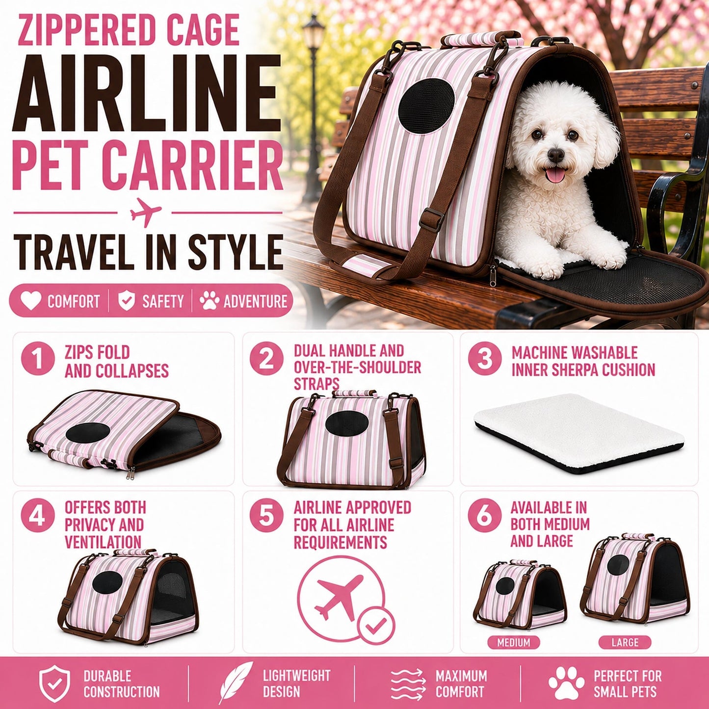 Pet Life ® Paw Patterned Airline Approved Zippered Folding Collapsible Travel Pet Dog Carrier