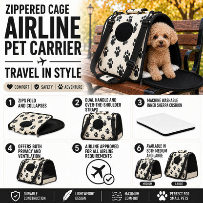 Pet Life ® Paw Patterned Airline Approved Zippered Folding Collapsible Travel Pet Dog Carrier