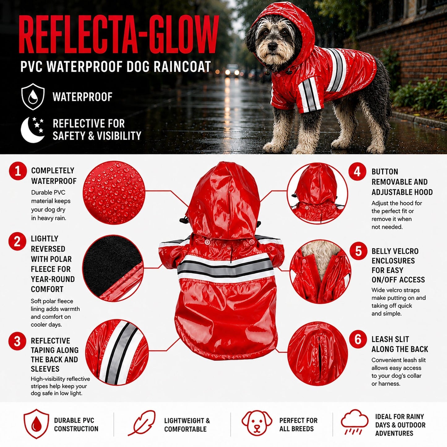 Pet Life ® 'Reflecta-Glow' Reflective Waterproof Adjustable Dog Raincoat Jacket w/ Removable Hood