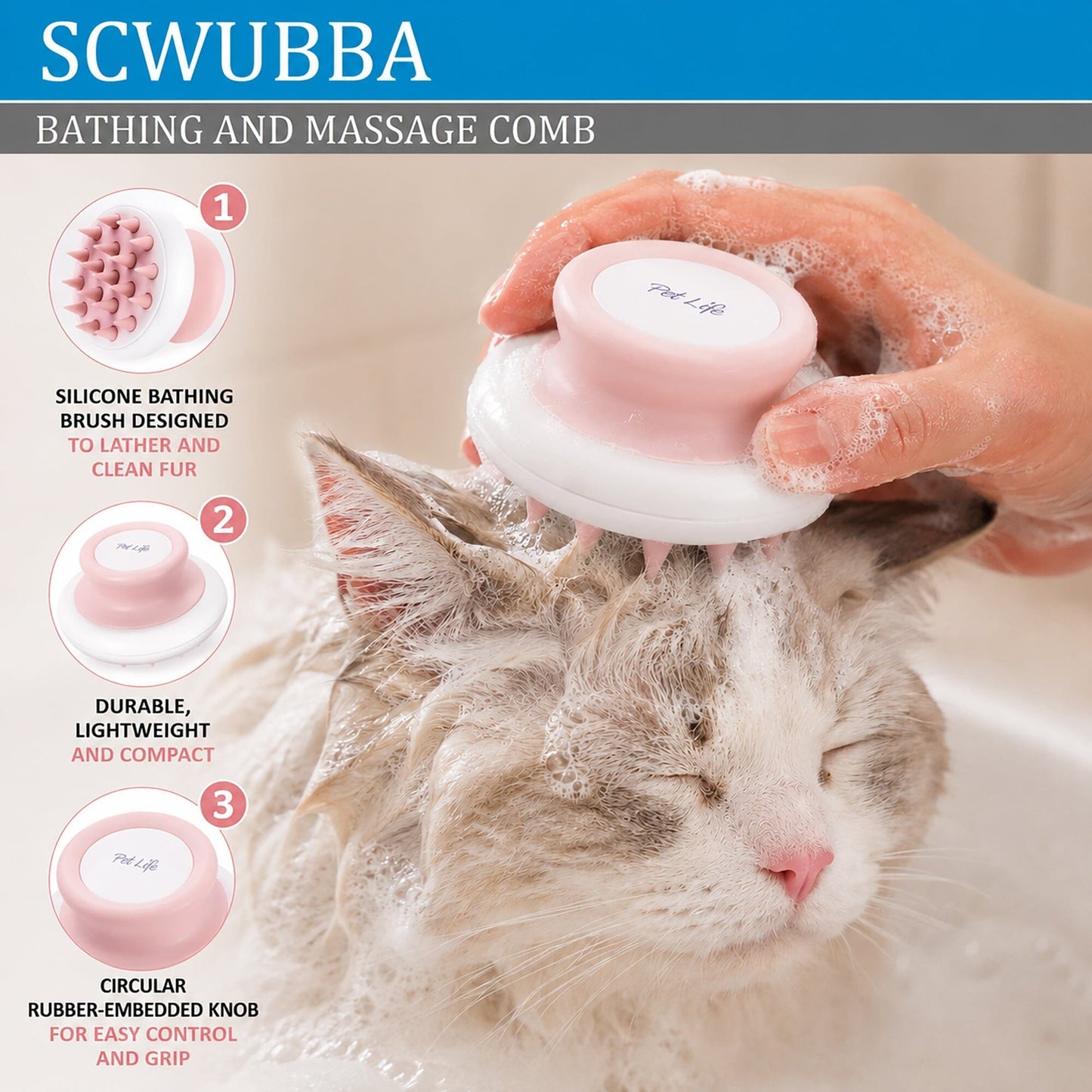 Pet Life ® 'Scwubba' Handheld Bathing Brushing and Massaging Soft Flexible Grooming Pet Comb
