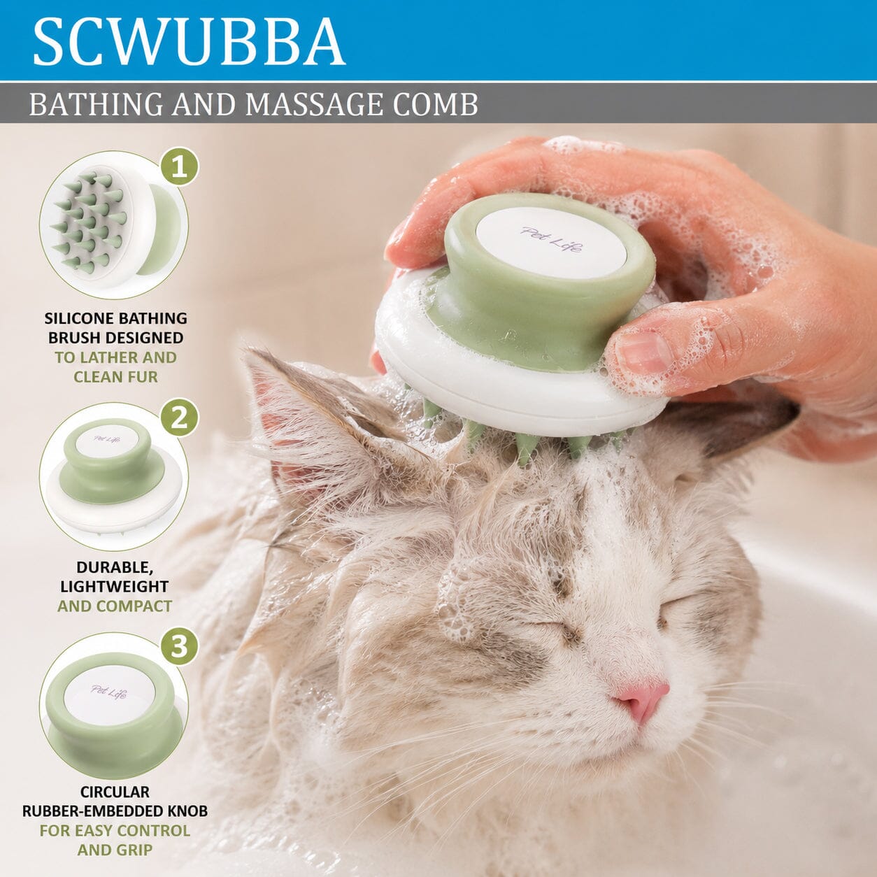 Pet Life ® 'Scwubba' Handheld Bathing Brushing and Massaging Soft Flexible Grooming Pet Comb