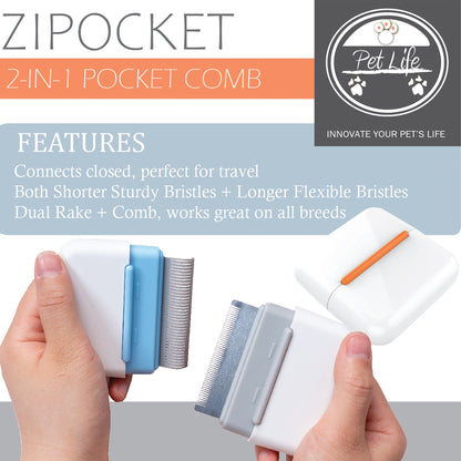 Pet Life ® 'Zipocket' 2-in-1 Underake and Stainless Steel Travel Grooming Pet Comb