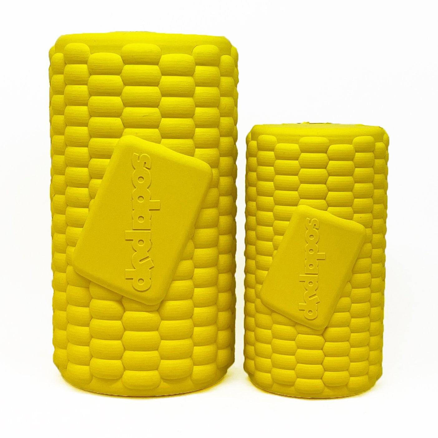 Yellow Corn on the Cob dog toy from SodaPup, durable rubber treat dispenser for dogs, made in the USA.